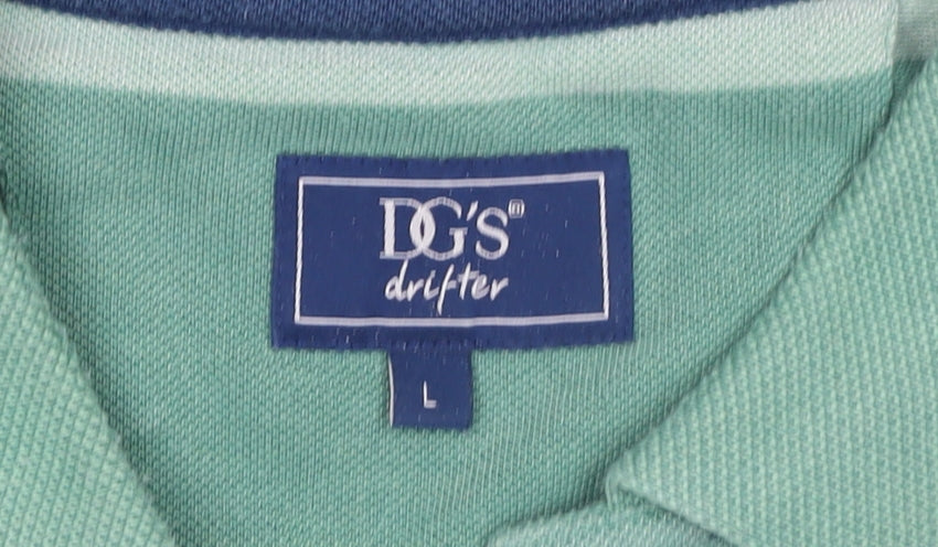 DG'S Drifter Men's Green Striped Polo Shirt Size L Cotton Blend