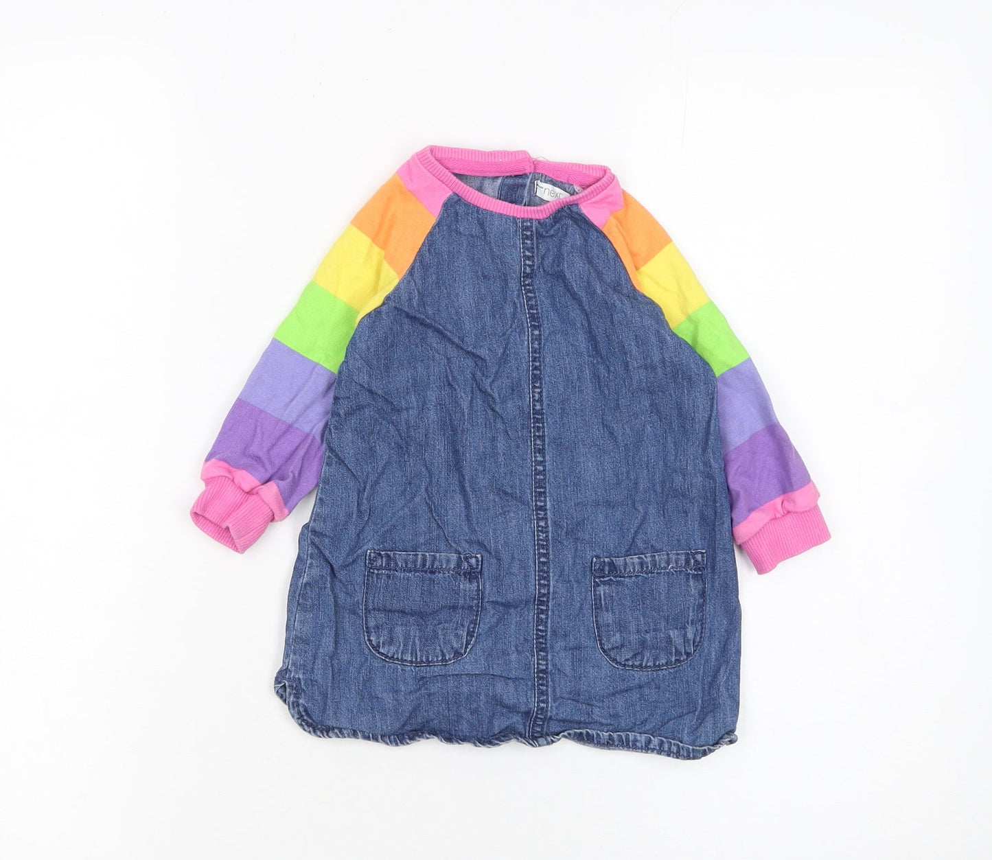 Next Girls Blue Denim Rainbow Raglan Long Sleeve Dress 12-18 Months