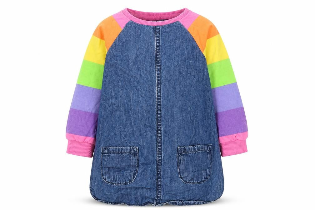 Front view of Next girls’ blue denim rainbow raglan long sleeve dress 12-18 months