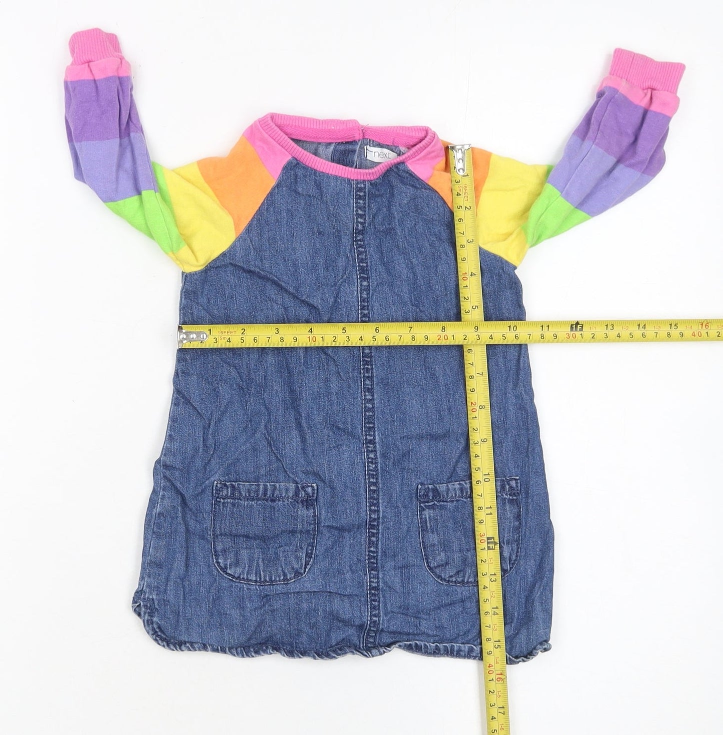 Next Girls Blue Denim Rainbow Raglan Long Sleeve Dress 12-18 Months