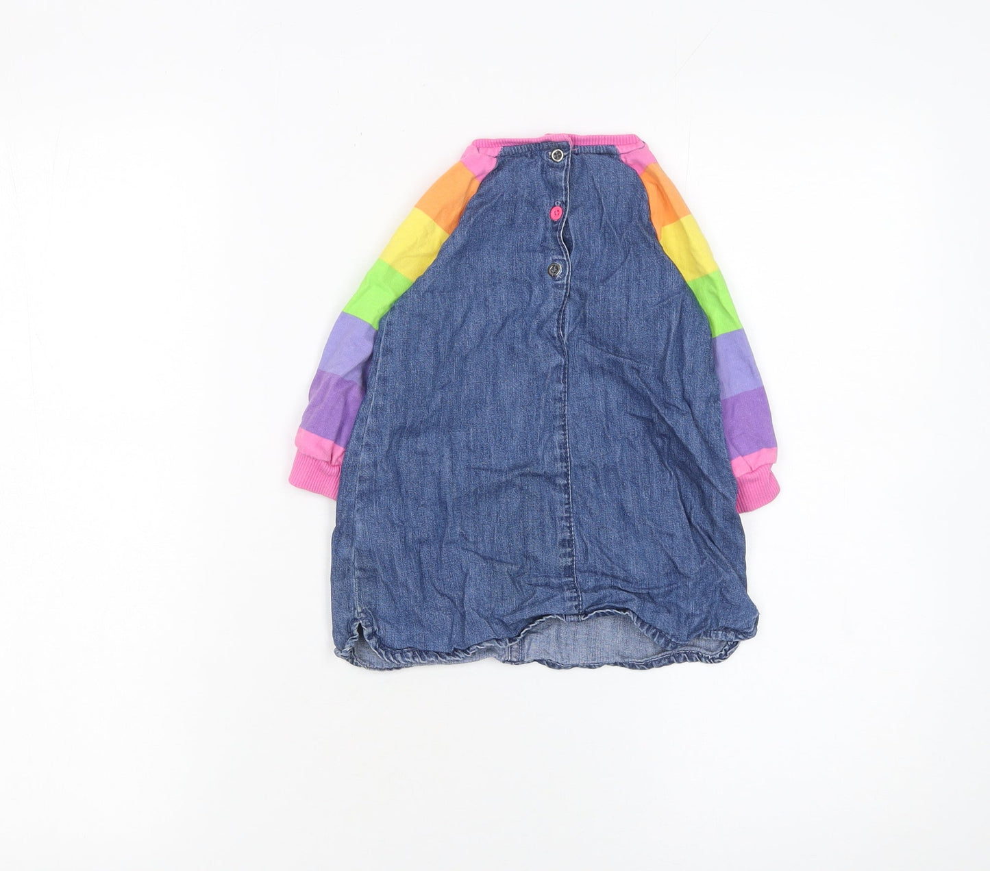Next Girls Blue Denim Rainbow Raglan Long Sleeve Dress 12-18 Months
