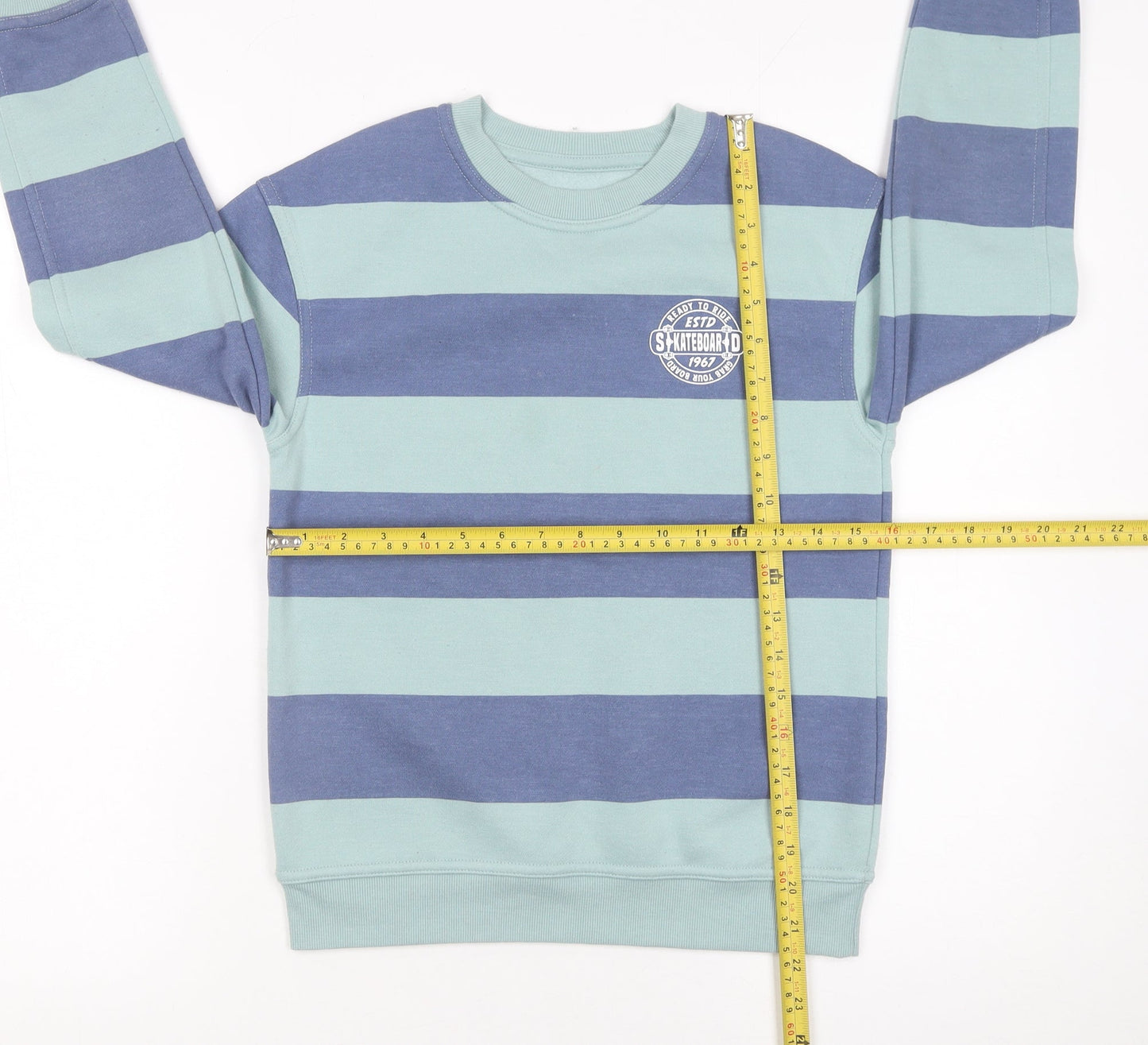 Dunnes Stores Boys Blue Striped Pullover Sweatshirt 9-10 Years Skateboarding Print