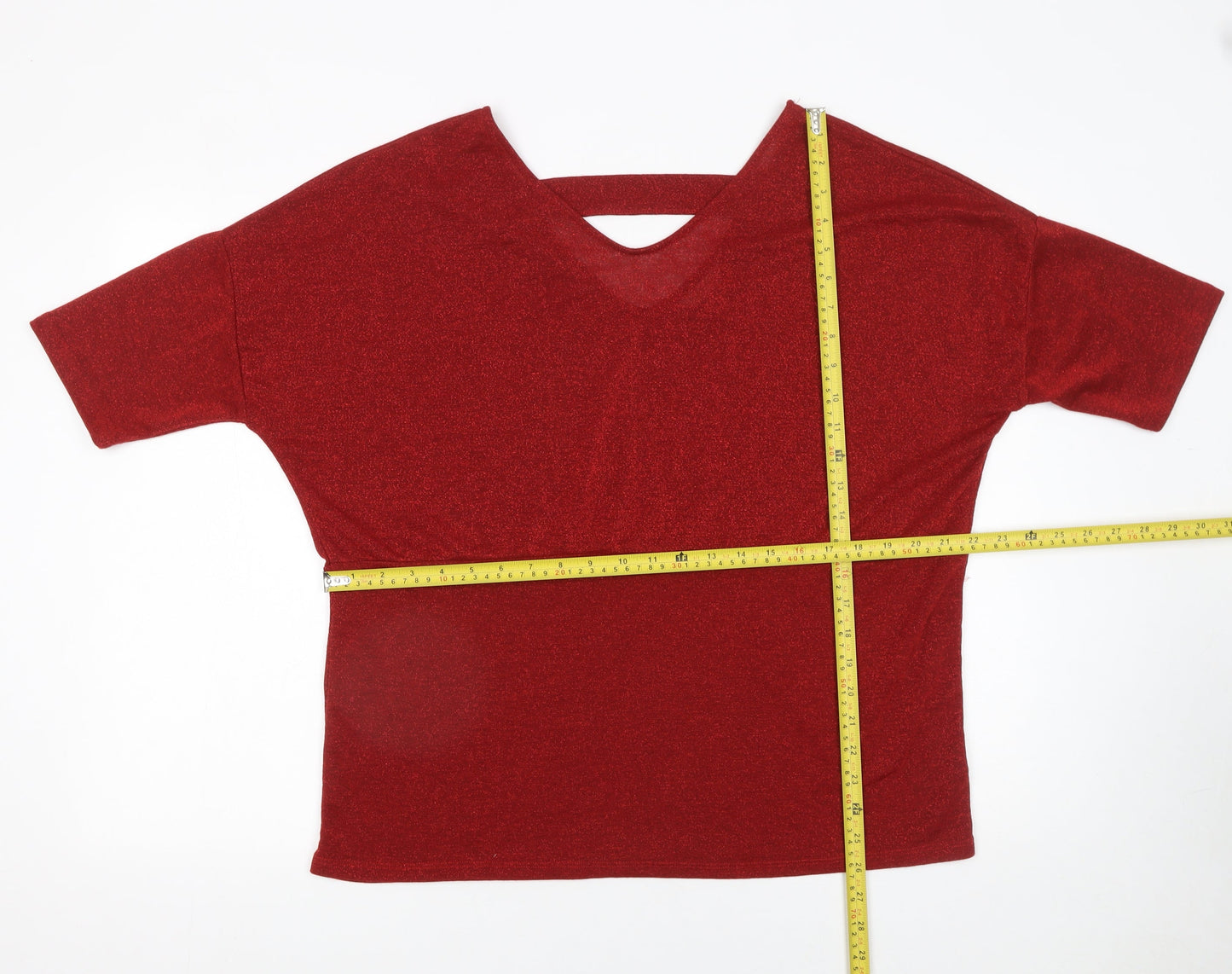 Anthology Women's Red Glitter V-Neck Short Sleeve Knit Top Size 16