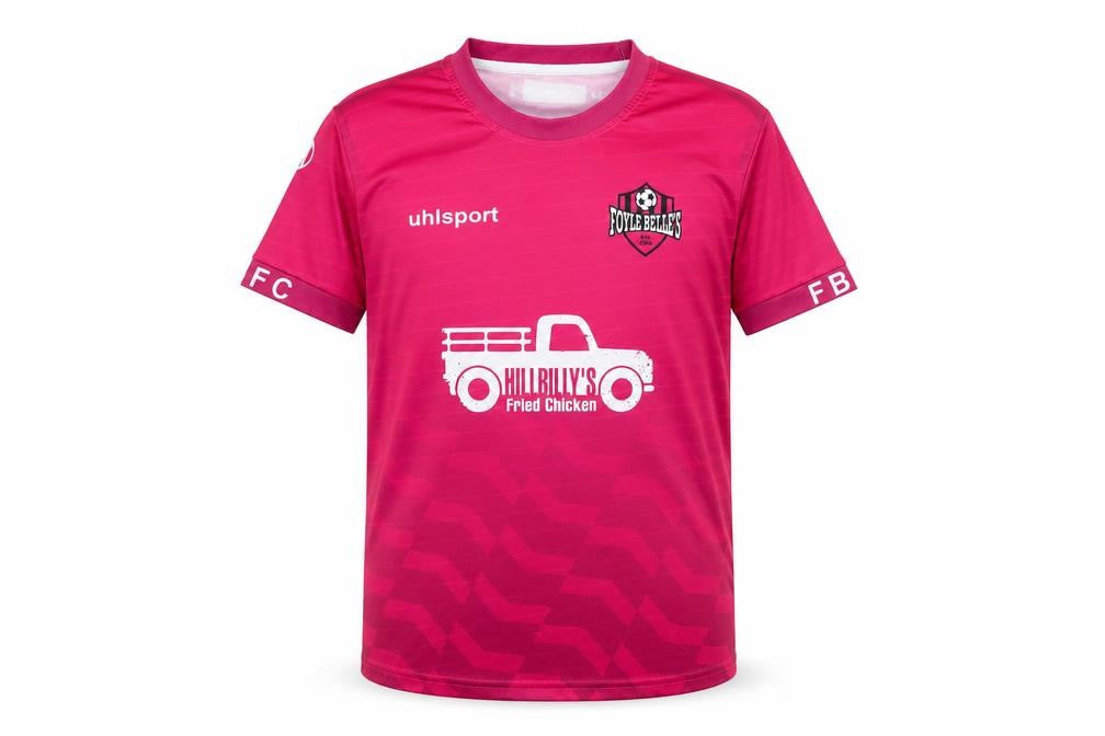 Front view of Uhlsport boys’ pink football club jersey t-shirt 12-13 years
