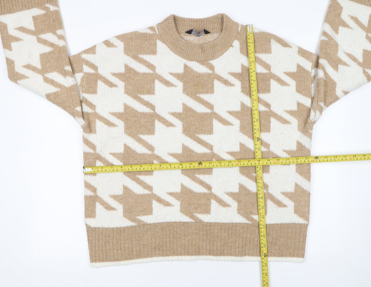 F&F Womens Beige Check Knit Pullover Jumper Size 16