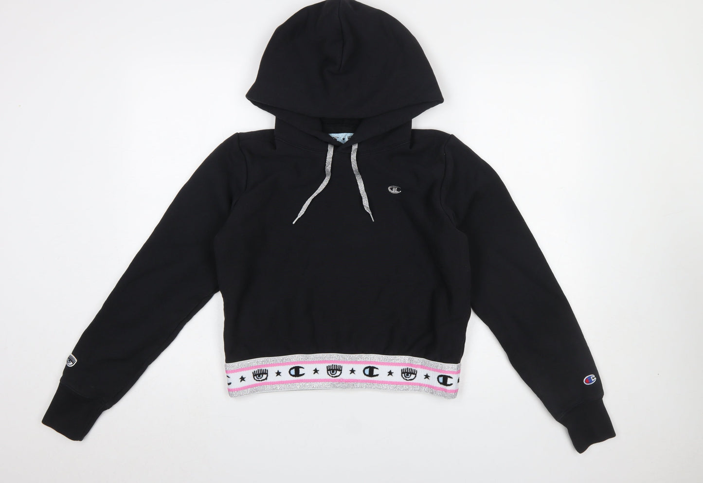 Champion x Chiara Ferragni Black Hoodie Womens Medium Cropped Glitter Trim