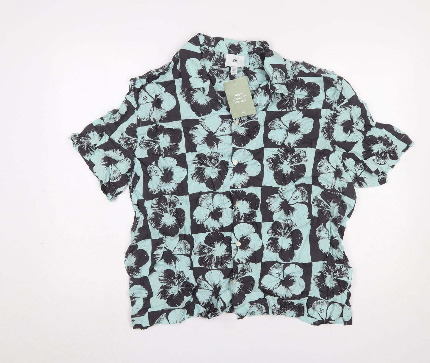 H&M Men's Blue Floral Hawaiian Collared Short Sleeve Viscose Shirt XL