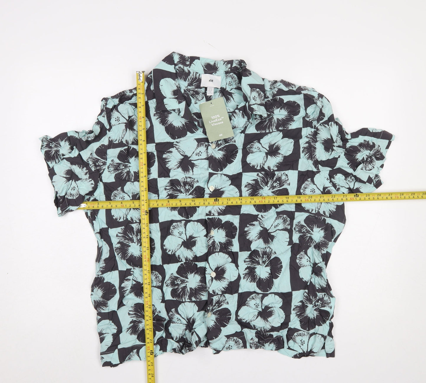 H&M Men's Blue Floral Hawaiian Collared Short Sleeve Viscose Shirt XL