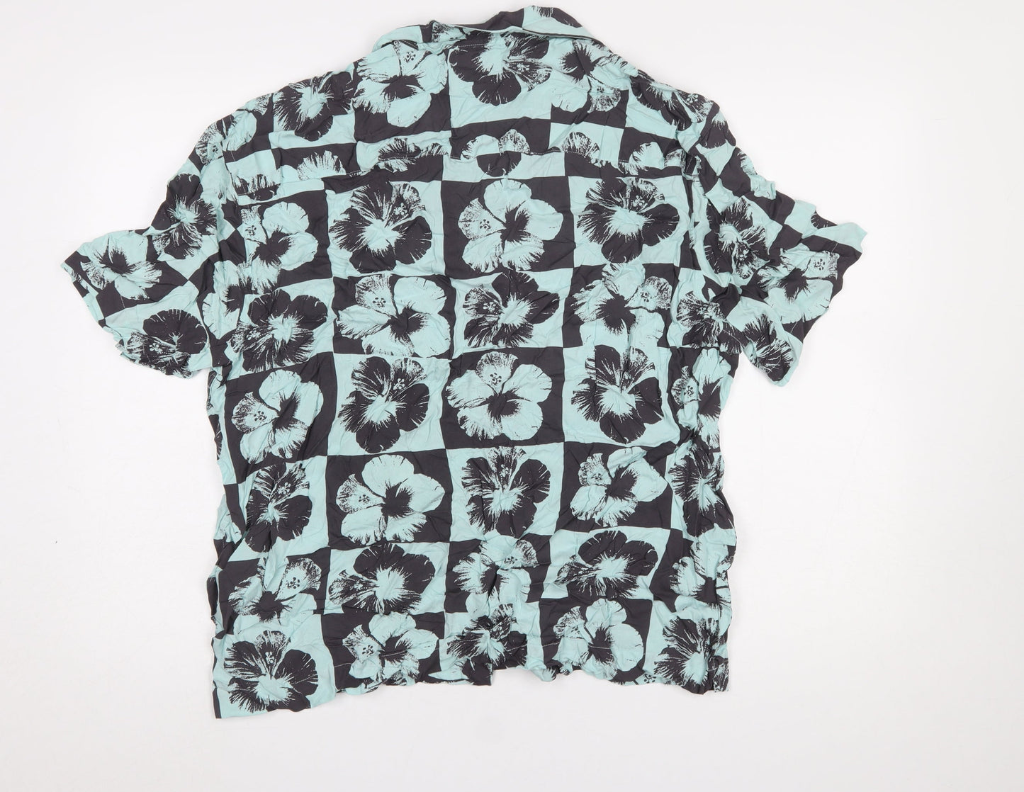 H&M Men's Blue Floral Hawaiian Collared Short Sleeve Viscose Shirt XL