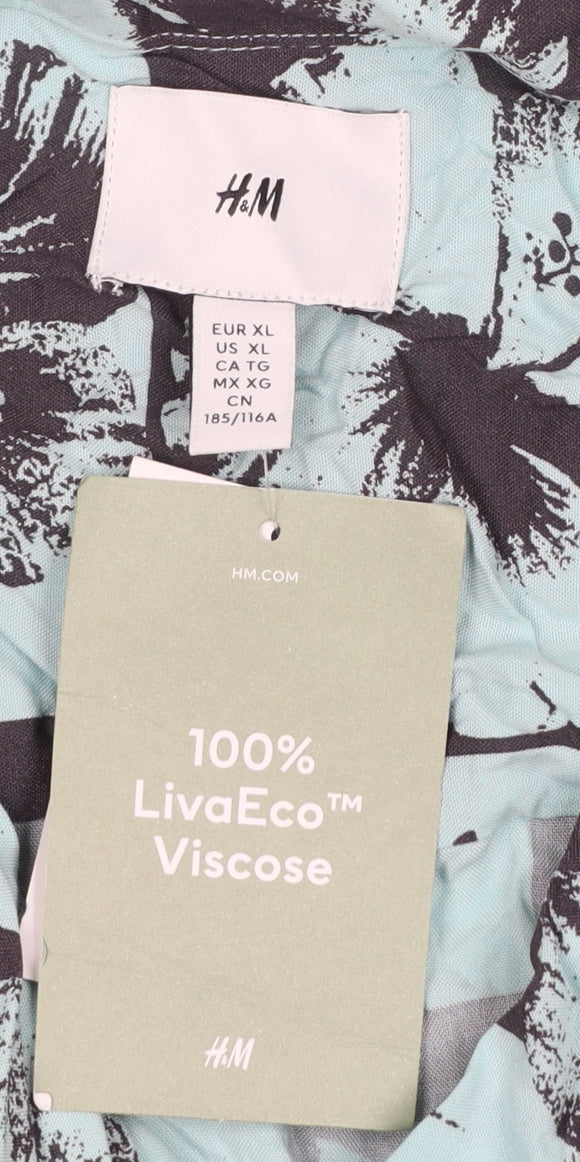 H&M Men's Blue Floral Hawaiian Collared Short Sleeve Viscose Shirt XL
