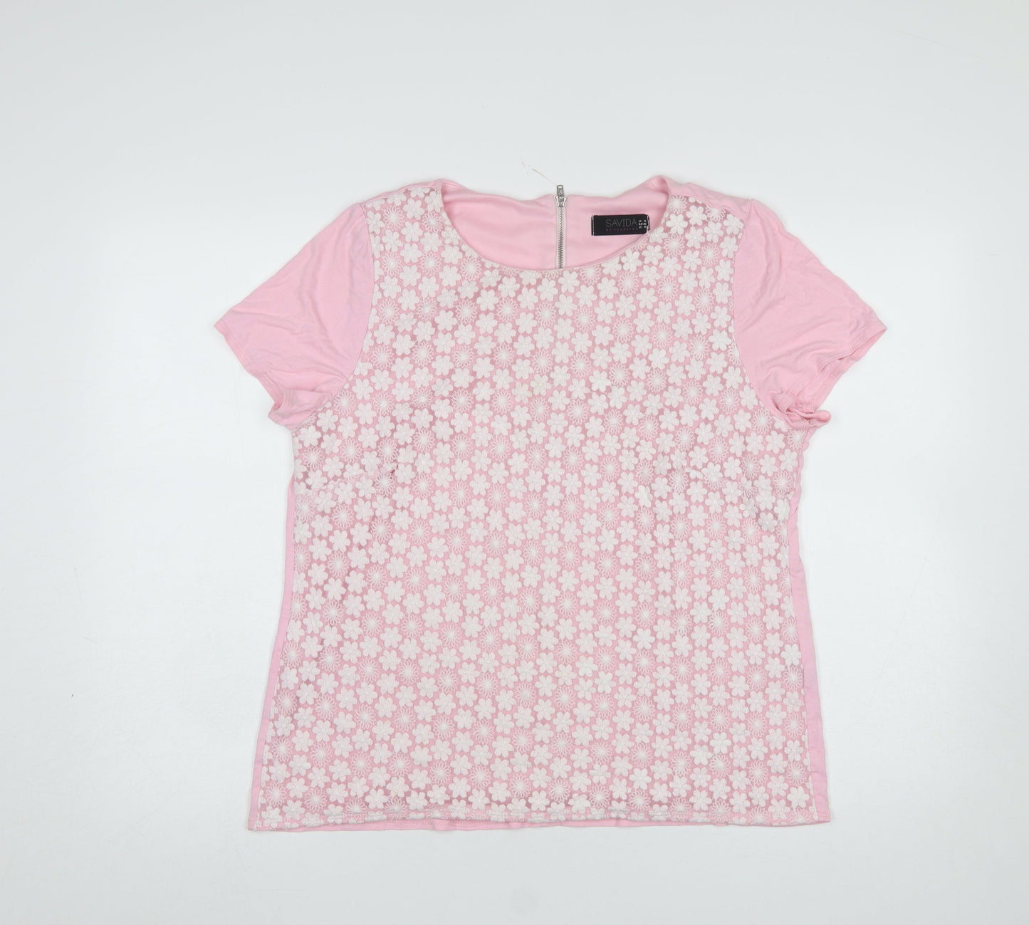 Savida Women Pink Floral Lace Short Sleeve T-Shirt Size 18