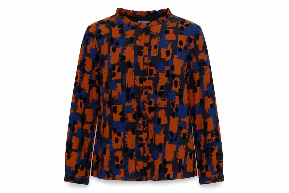 Damart Women's Multicoloured Geometric Long Sleeve Ruffle Blouse Size 16