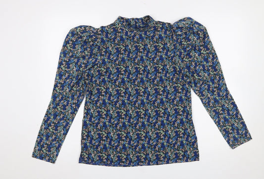 Girl In Mind Women's Blue Floral High Neck Puff Sleeve Blouse Size 8