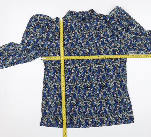 Girl In Mind Women's Blue Floral High Neck Puff Sleeve Blouse Size 8
