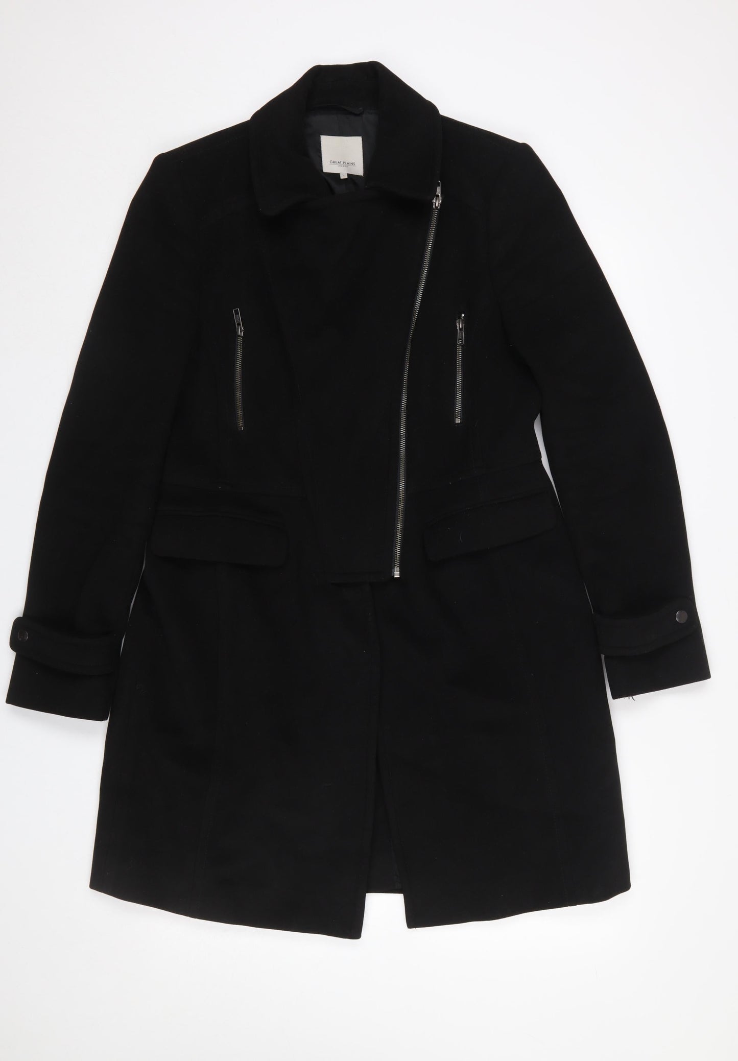 Great Plains Women Black Long Overcoat Lined Zip Coat Size L