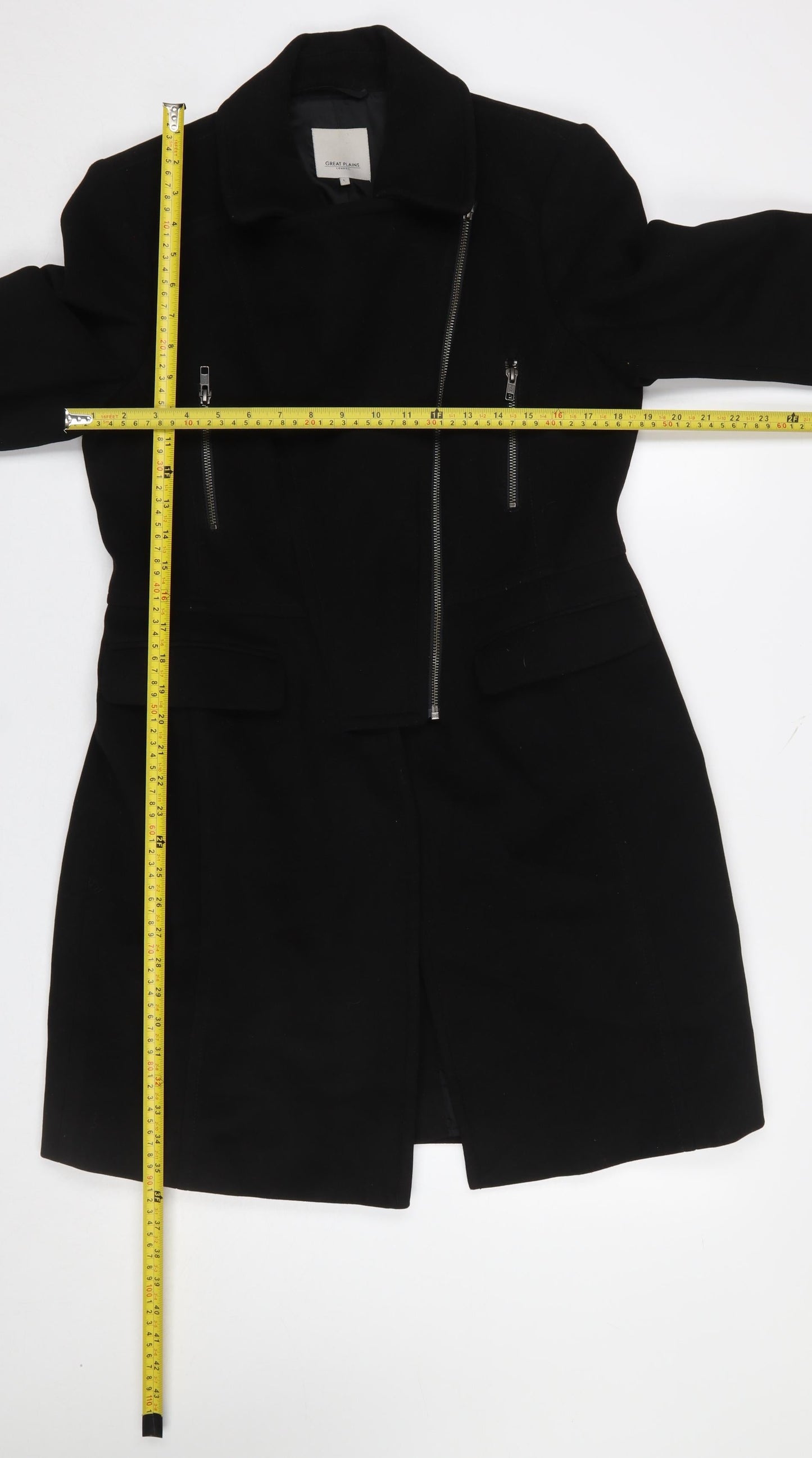 Great Plains Women Black Long Overcoat Lined Zip Coat Size L