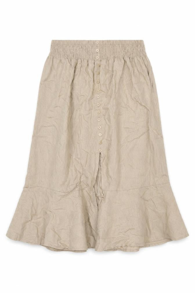 Front view of Gallery Women’s Beige Linen Midi Flared Button Skirt L