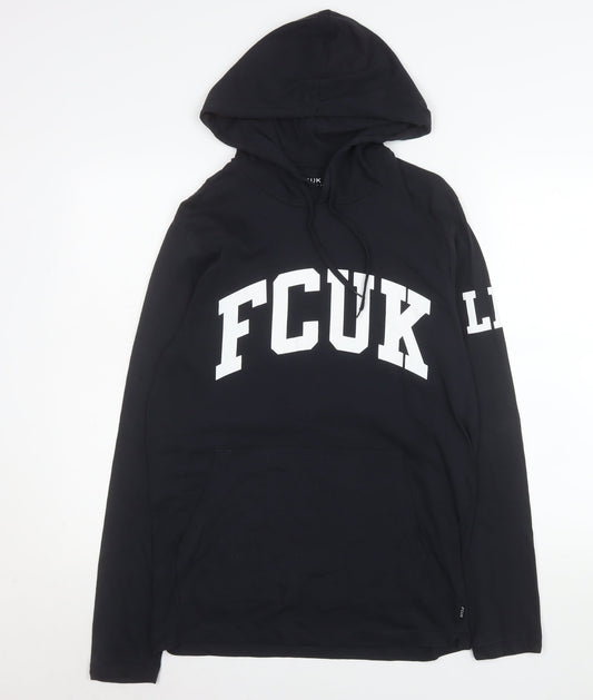 FCUK Women's Black Cotton Pullover Hoodie L Graphic Print Casual