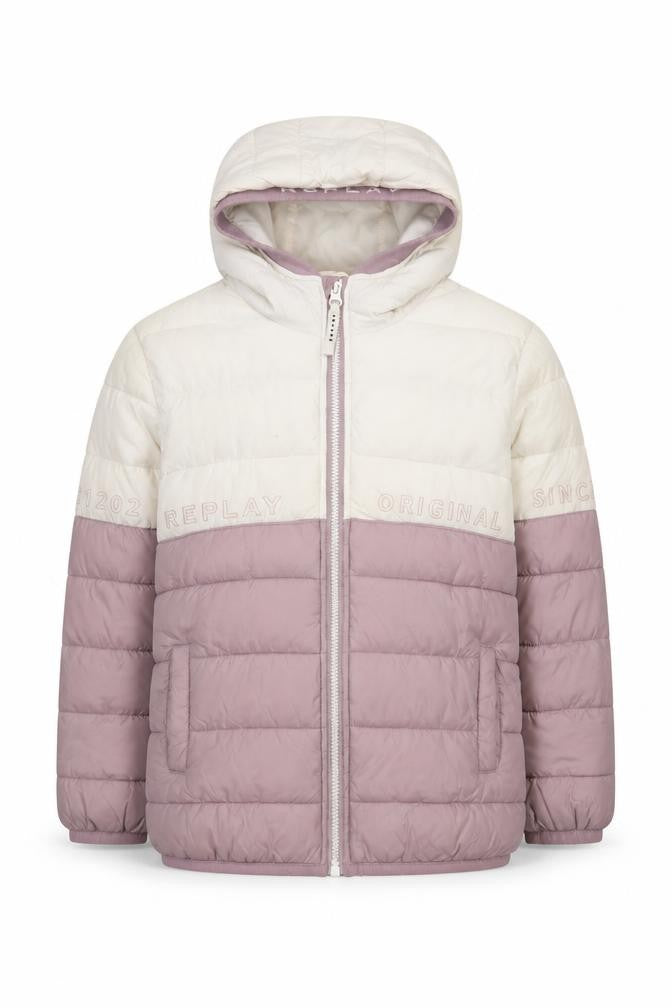 Front view of Replay girls’ ivory & mauve hooded puffer jacket, size 14, years lined winter coat