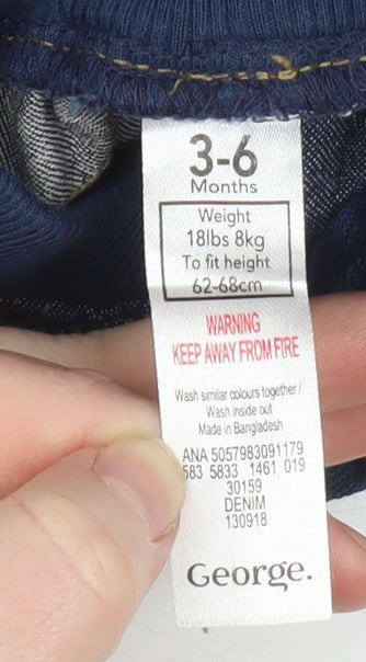 George Unisex Baby Blue Denim Jeans 3-6 Months Elastic Waist Drawstring