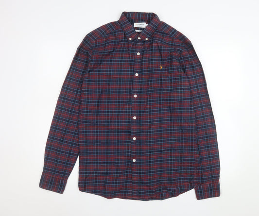 Farah Men's Red Blue Check Long Sleeve Slim Fit Button-Up Shirt Size M