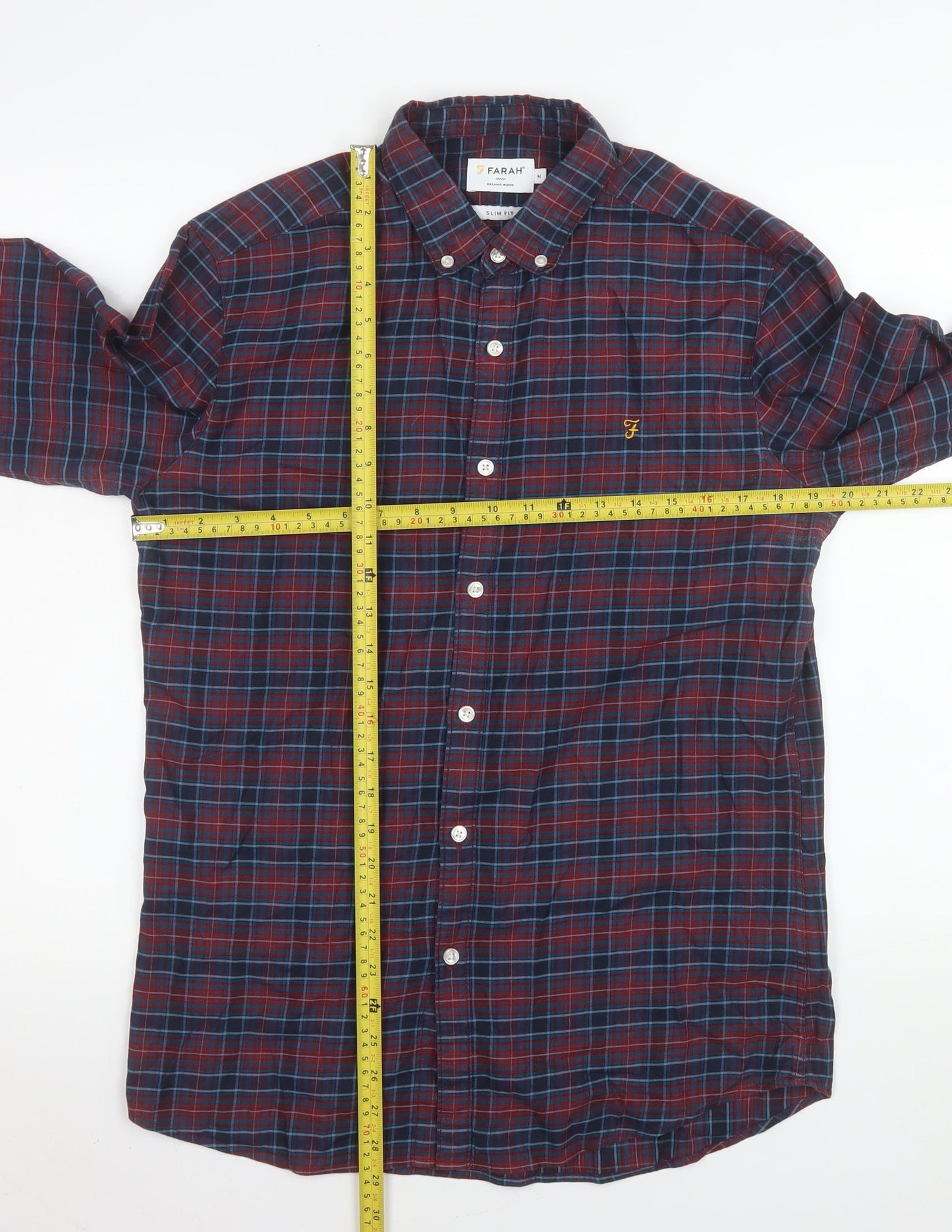 Farah Men's Red Blue Check Long Sleeve Slim Fit Button-Up Shirt Size M