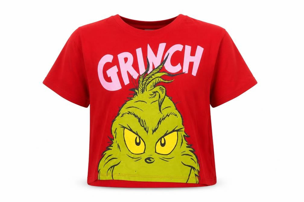 Front view of H&M girls’ red grinch graphic t-shirt 8-10 years cotton crew neck