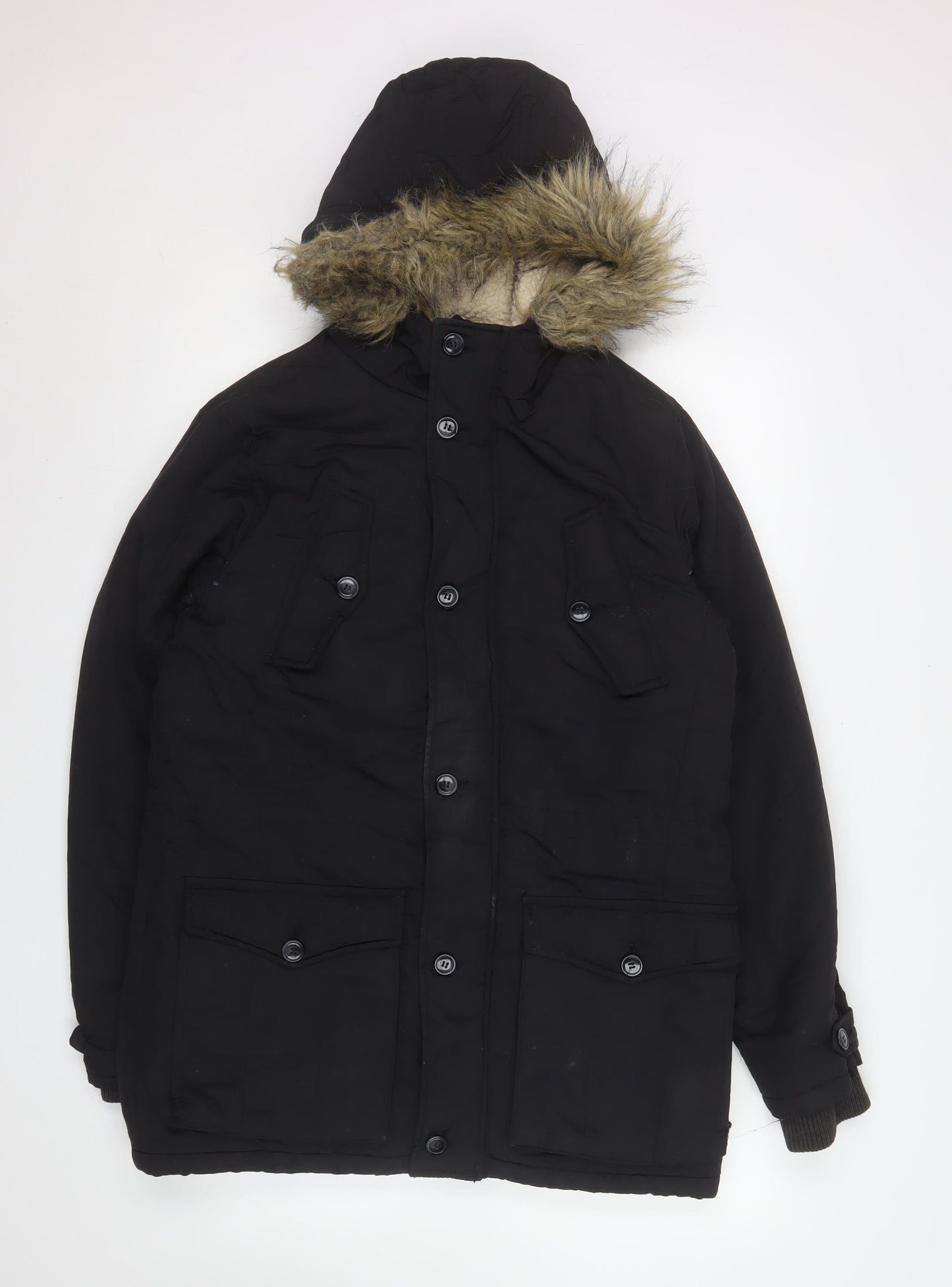New Look Men’s Black Parka Jacket S Faux Fur Hood Winter Coat