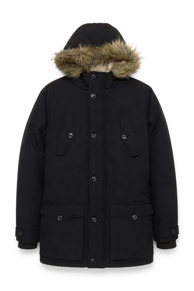New Look Men’s Black Parka Jacket S Faux Fur Hood Winter Coat