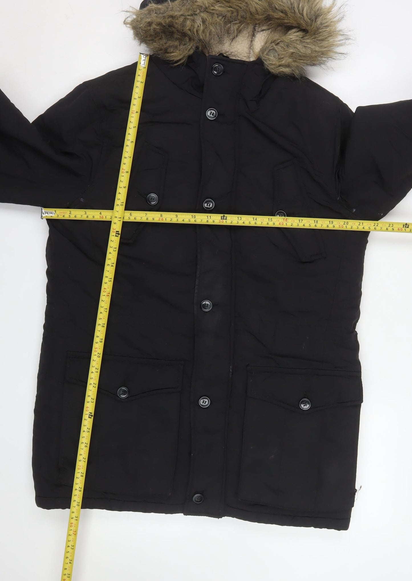 New Look Men’s Black Parka Jacket S Faux Fur Hood Winter Coat