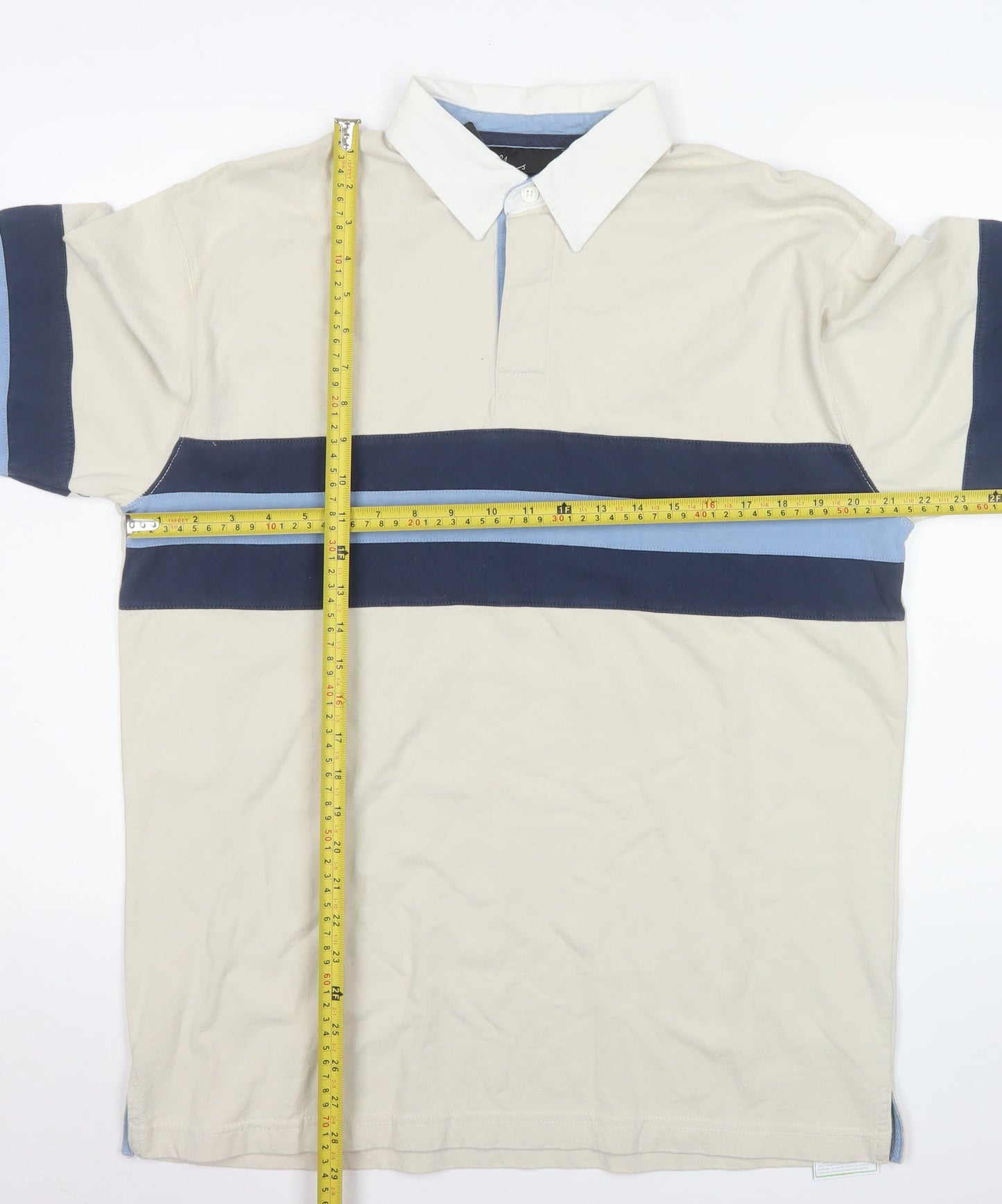 BHS Men’s Beige Long Sleeve Striped Polo Shirt Size M 100% Cotton