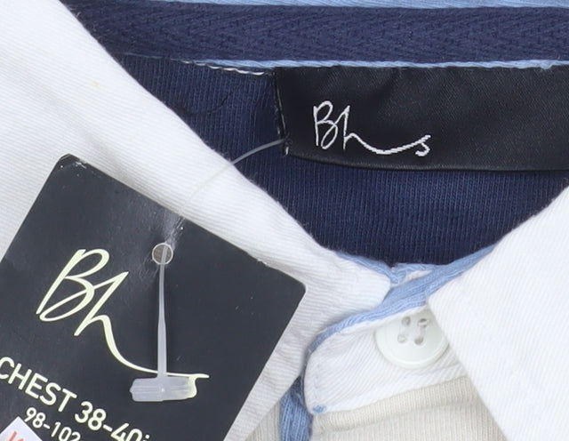 BHS Men’s Beige Long Sleeve Striped Polo Shirt Size M 100% Cotton