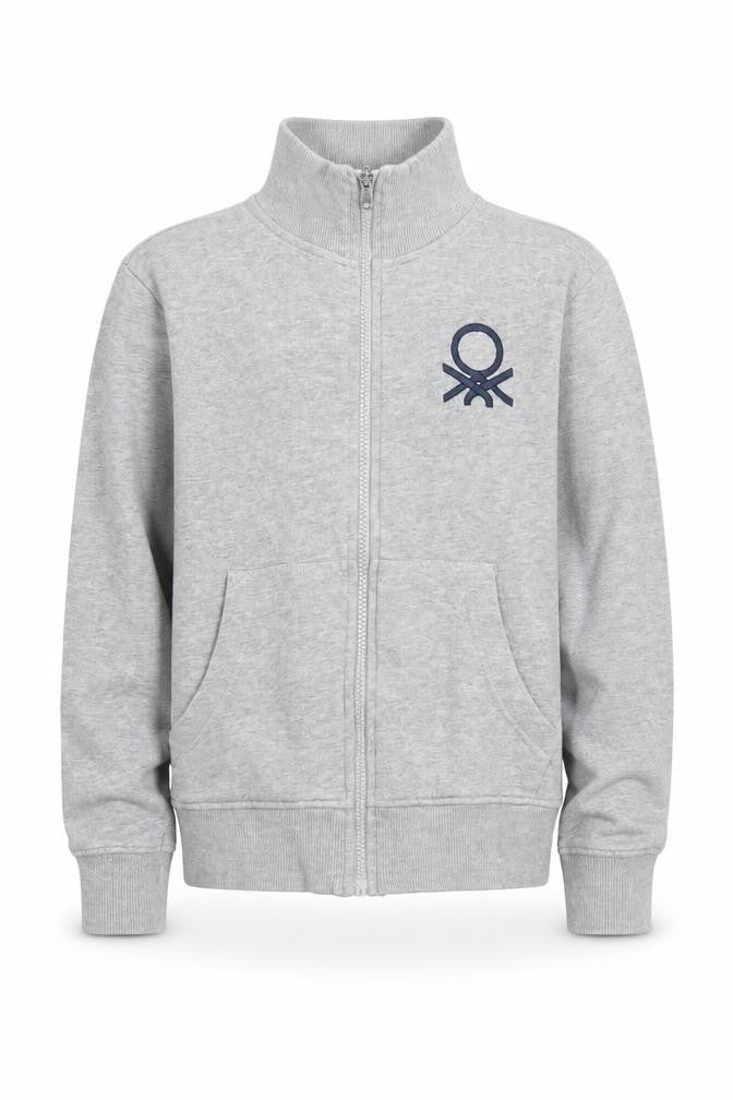 Front view of United Colors of Benetton boys’ grey full zip sweatshirt 8-9 years cotton blend