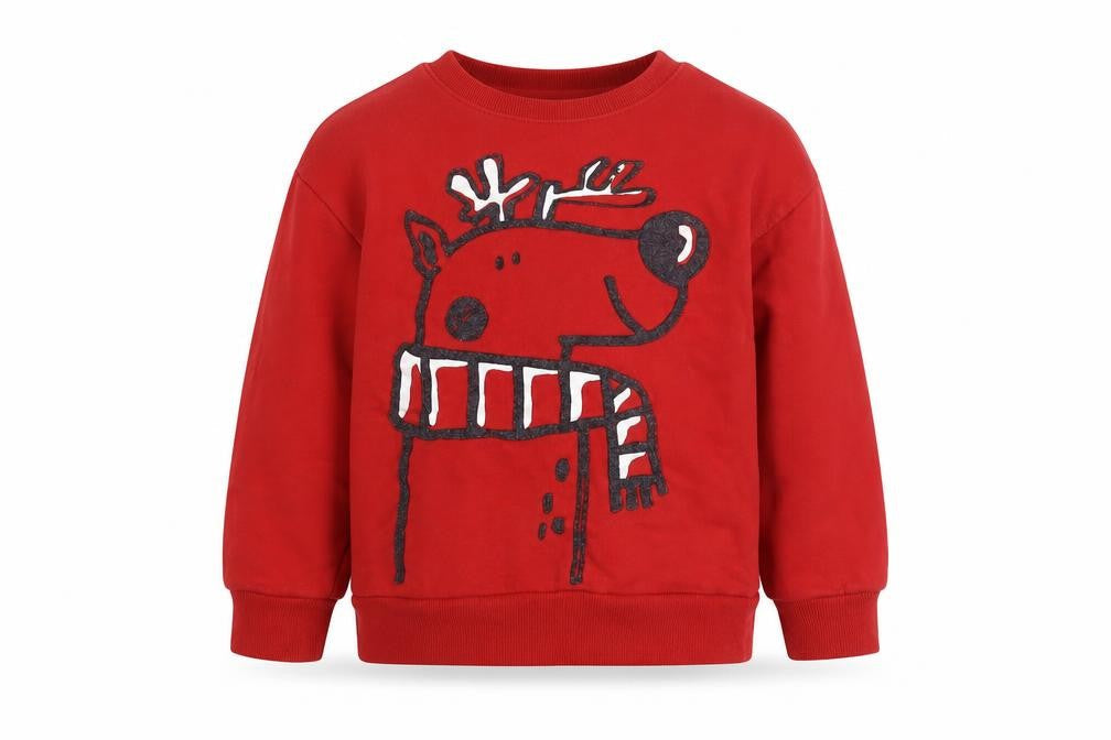 Front view of Next boys’ red reindeer christmas sweatshirt 5-6 years pullover fleece