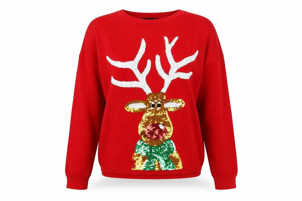New Look Women's Red Sequin Reindeer Christmas Jumper Size S