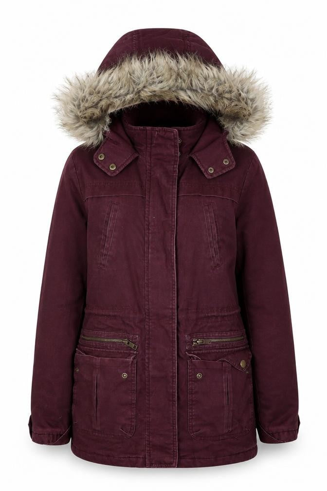 New Look Women's Red Faux Fur Hooded Parka Jacket Size 6