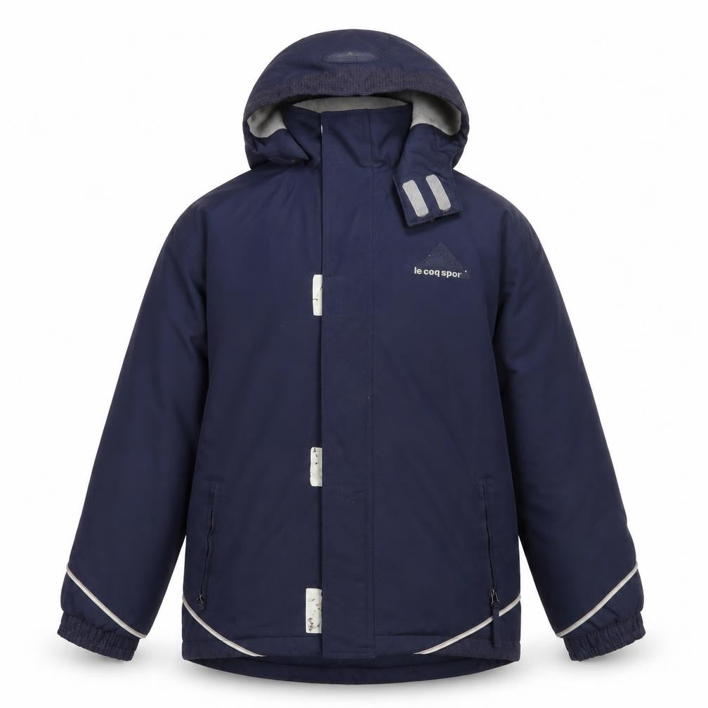 Front view of Le Coq Sportif boys’ blue hooded puffer jacket 16 years winter waterproof
