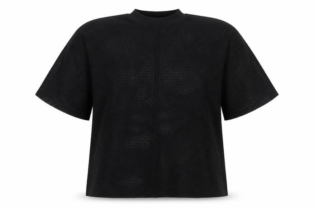 Front view of ASOS Women Black Mesh High Neck Blouse, size 20, Short Sleeve