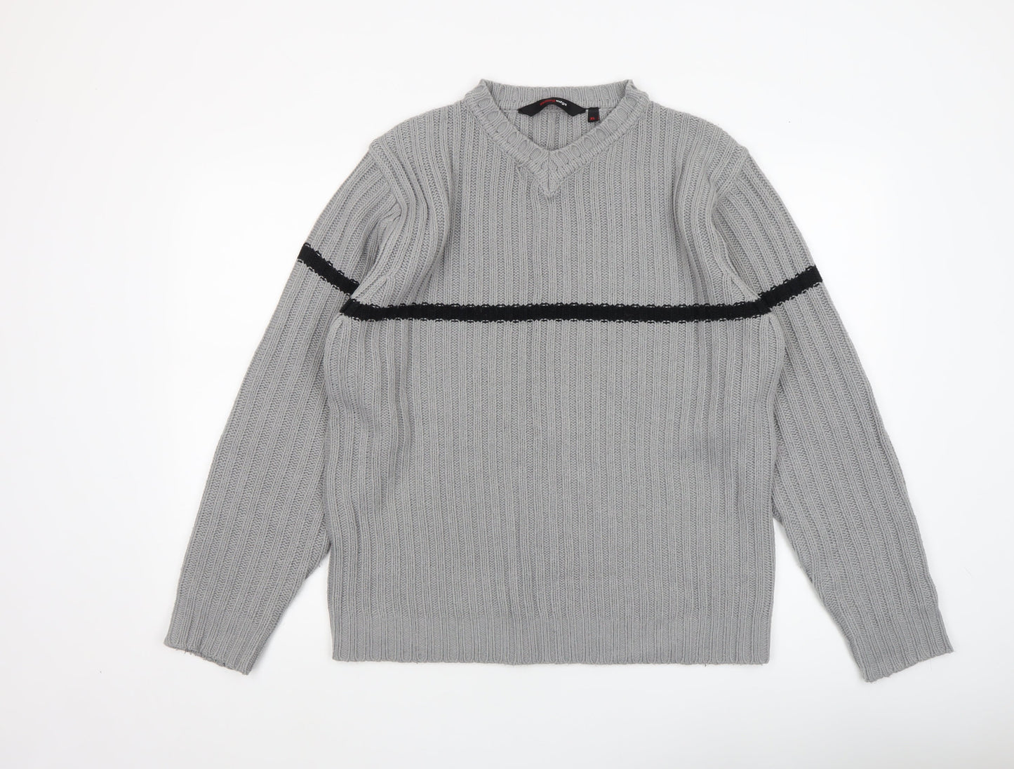 Cutting Edge Mens Grey Chunky Knit V-Neck Jumper XL