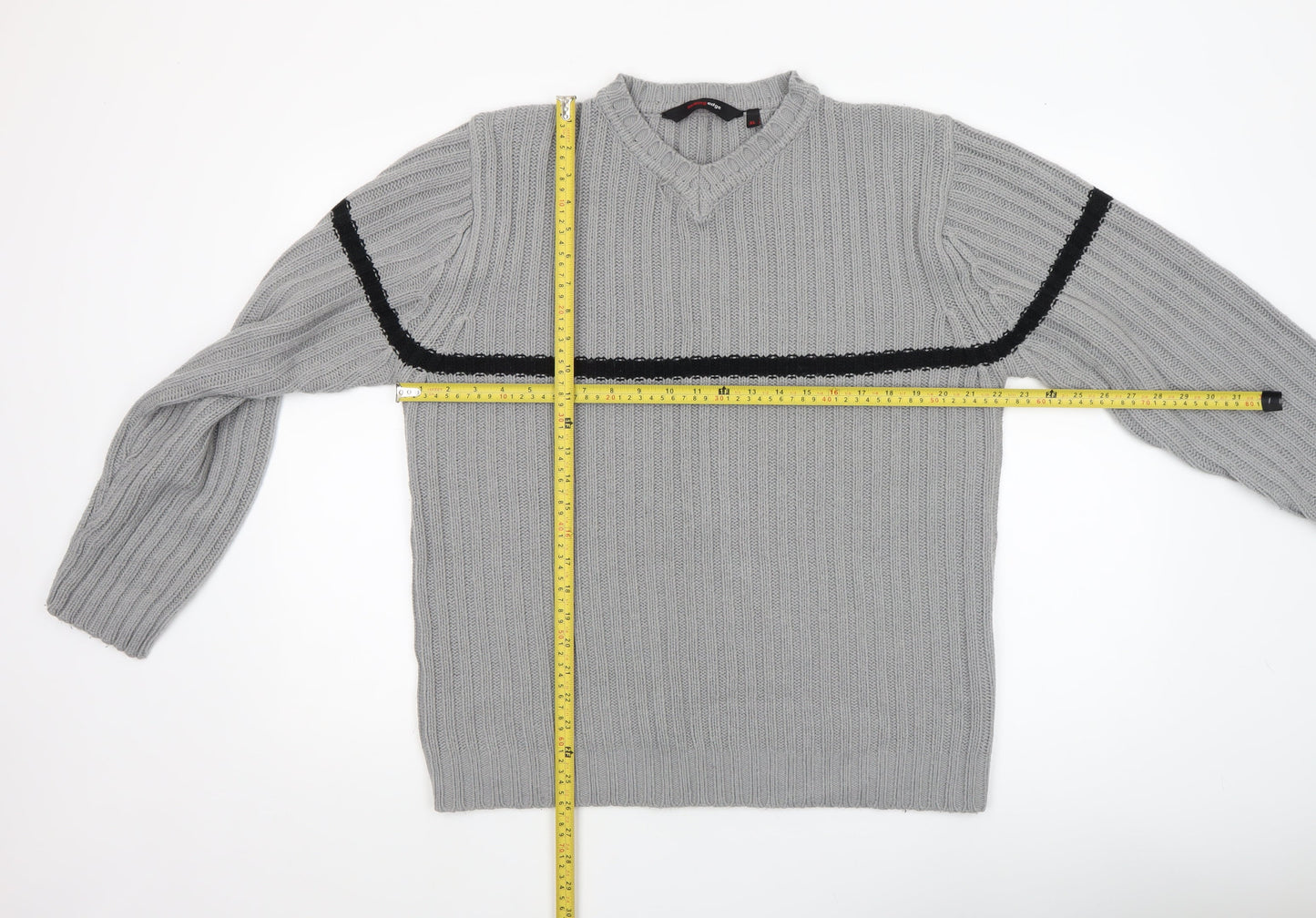 Cutting Edge Mens Grey Chunky Knit V-Neck Jumper XL