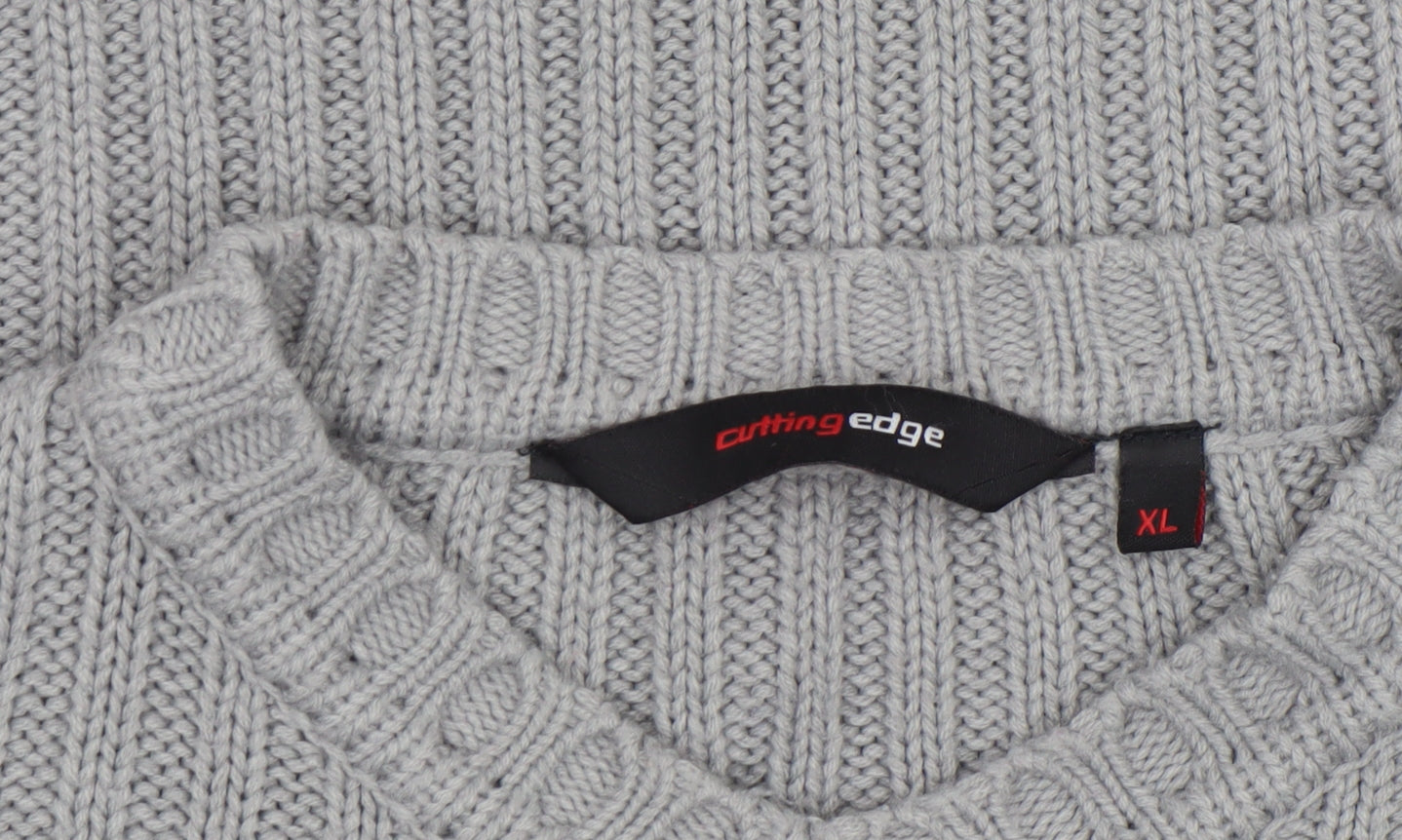 Cutting Edge Mens Grey Chunky Knit V-Neck Jumper XL