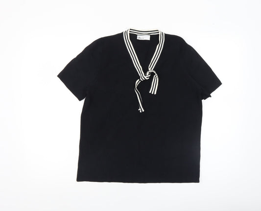 BHS Womens Black Short Sleeve V-Neck Bow Blouse Size 18