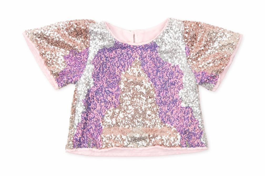Front view of H&M girls’ pink sequin cropped t-shirt 3-4 years party top