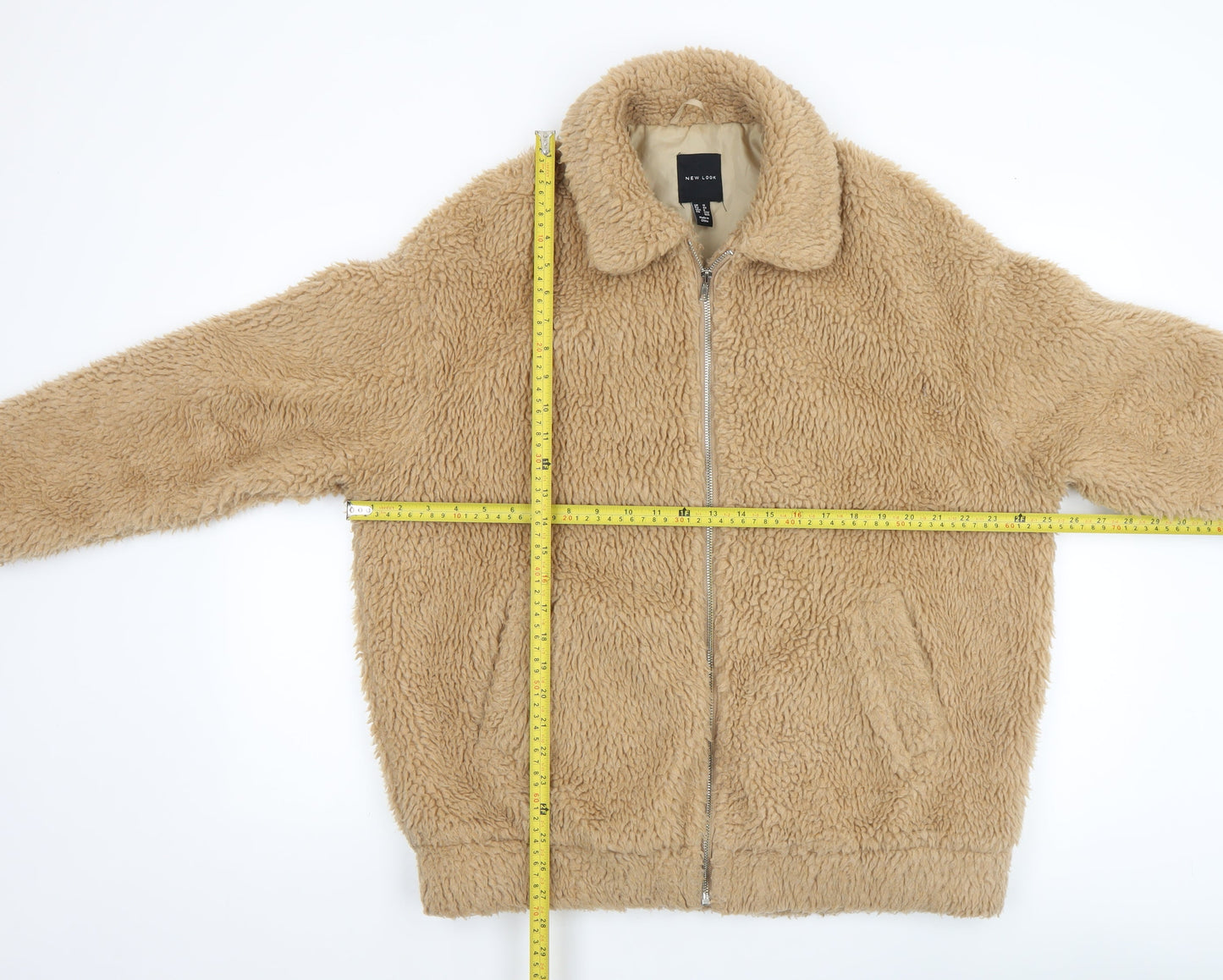 New Look Men's Beige Fleece Bomber Jacket M Full Zip Casual