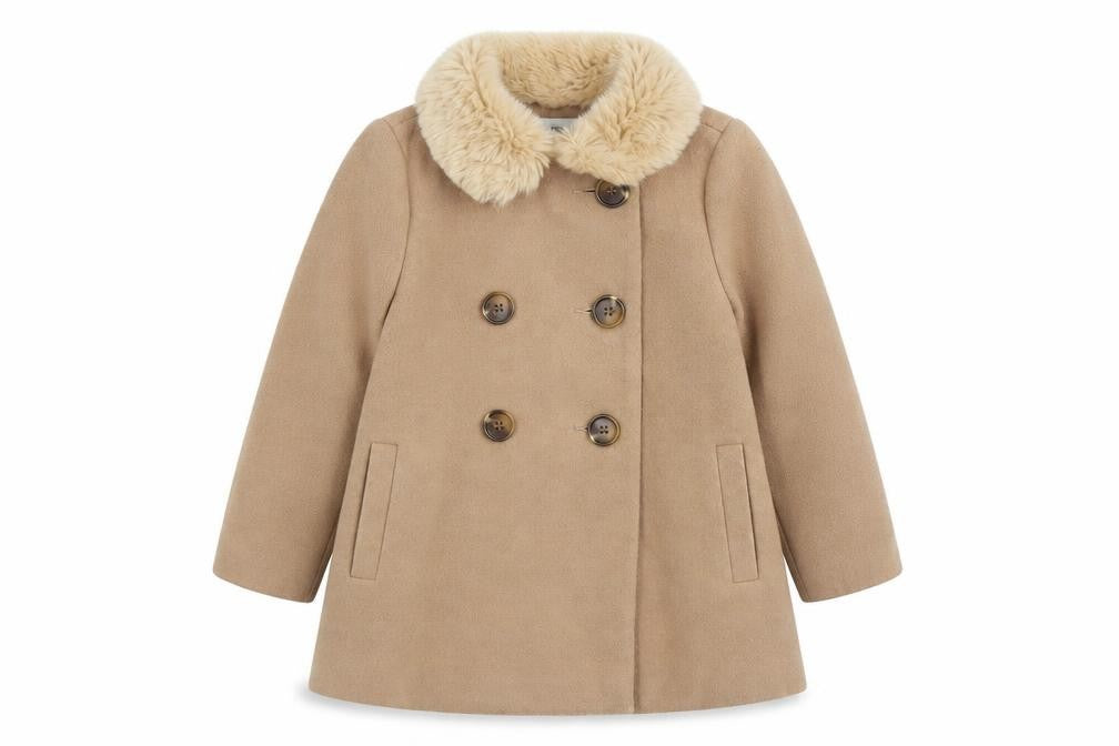 Front view of F&F girls’ beige faux fur collar double breasted pea coat 3-4 years