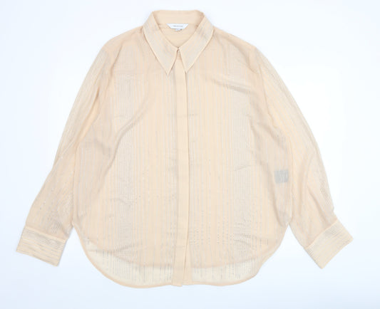 H&M Edition Women Beige Sheer Beaded Long Sleeve Collared Blouse XL