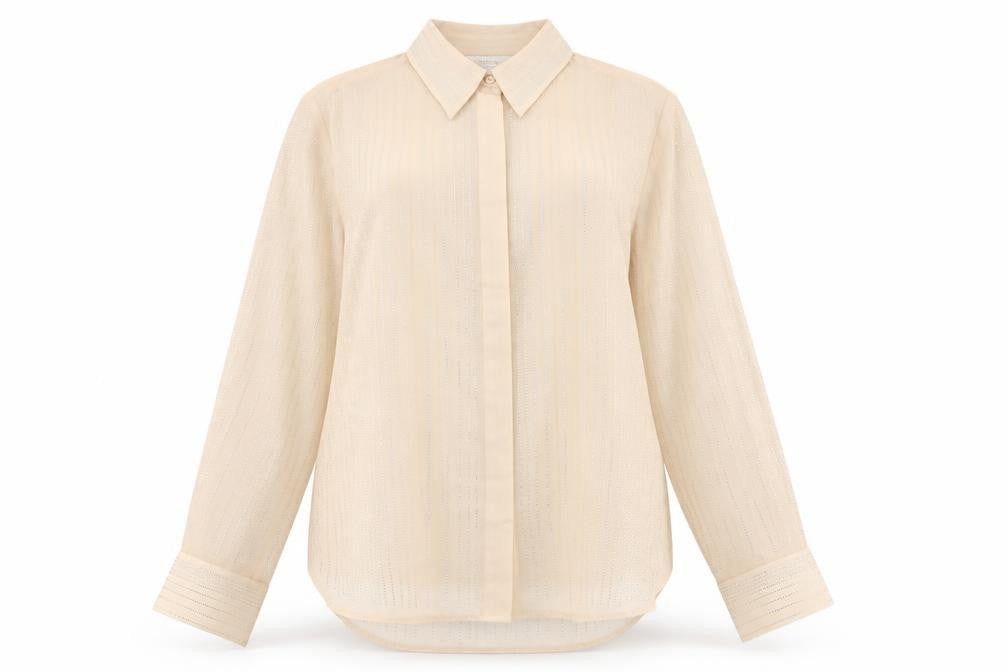 H&M Edition Women Beige Sheer Beaded Long Sleeve Collared Blouse XL