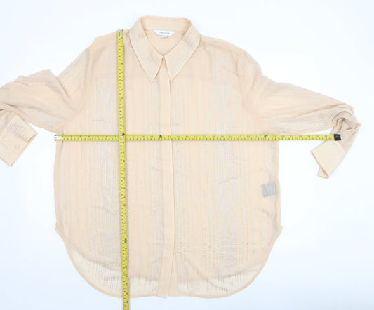 H&M Edition Women Beige Sheer Beaded Long Sleeve Collared Blouse XL