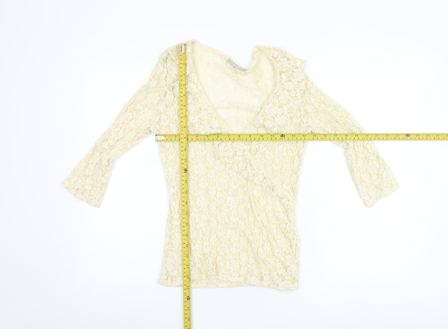 Wallis Women Beige Lace Wrap Blouse Size 12 3/4 Sleeve V-Neck