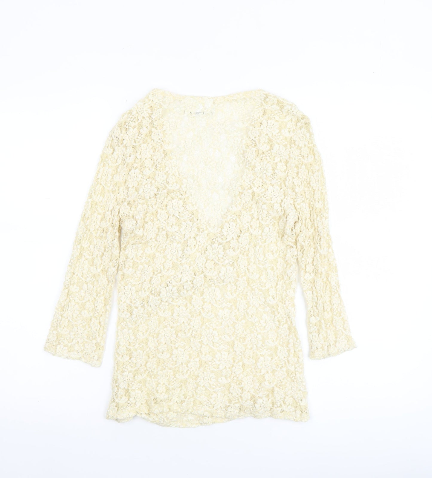 Wallis Women Beige Lace Wrap Blouse Size 12 3/4 Sleeve V-Neck